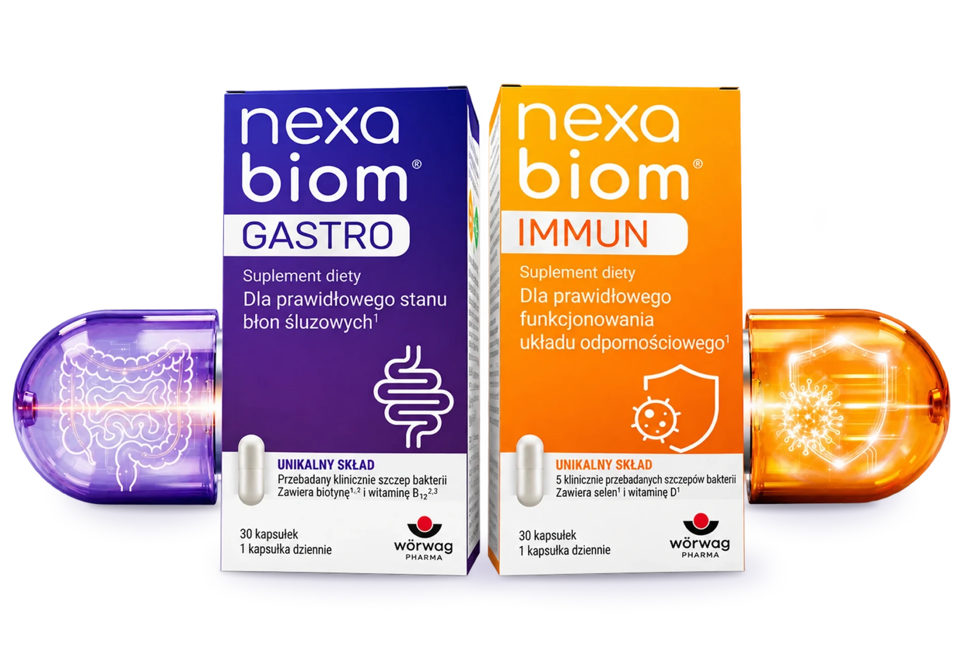 nexabiom® GASTRO i nexabiom® IMMUN - opakowania i kapsułki